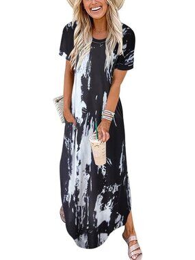 Women's Tie Dye Black Summer Maxi Dress Short Sleeve Casual Split Long T Shirt